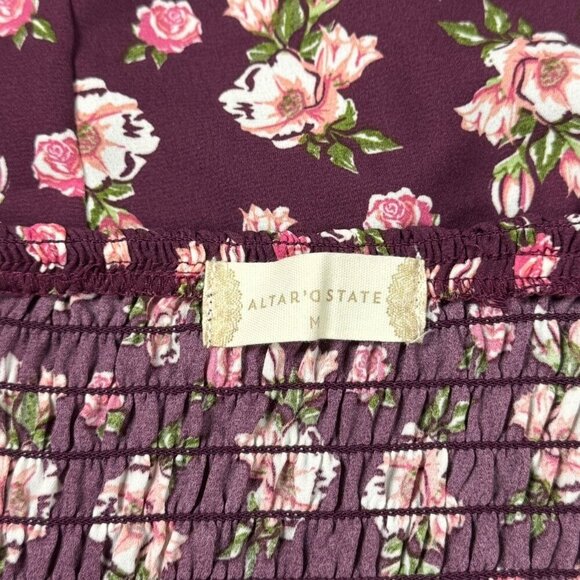 Altar'd State Milkmaid Floral Mini Dress Sz.M Burgundy Smocked Boho Coquette - Picture 7 of 13